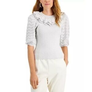 Ruffle Knit Short Sleeve Bib Collar Top XL